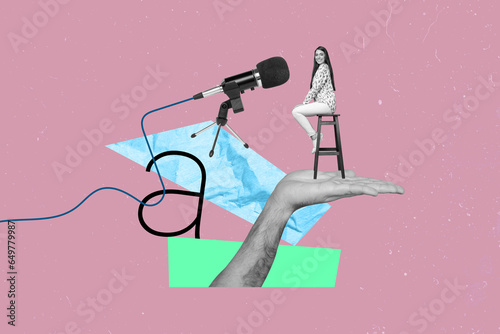 Creative drawing collage picture of young female sit chair interview talk telling reportage journalist report microphone magazine tv show