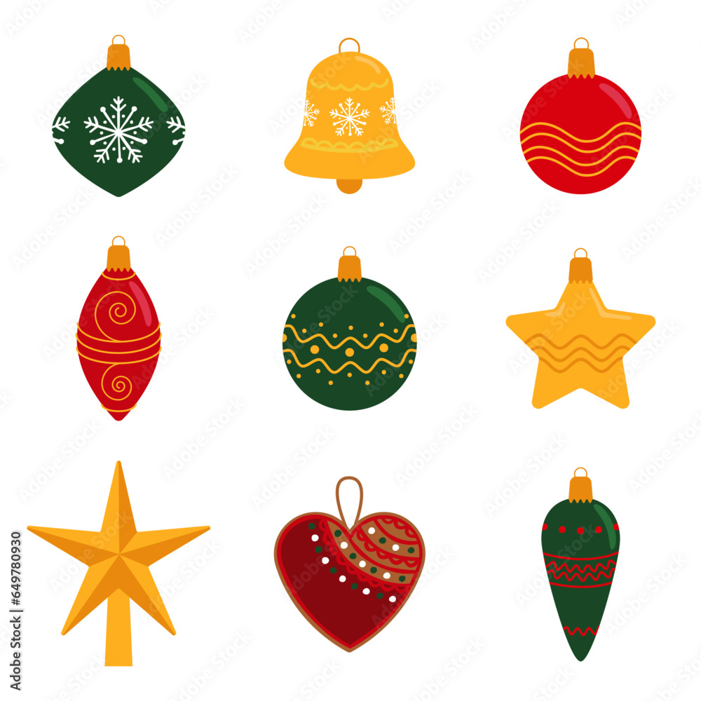 Set of christmas decorations. Vectors illustrations of balls and stars in red, green and gold tones for stickers, cards, illustrations...