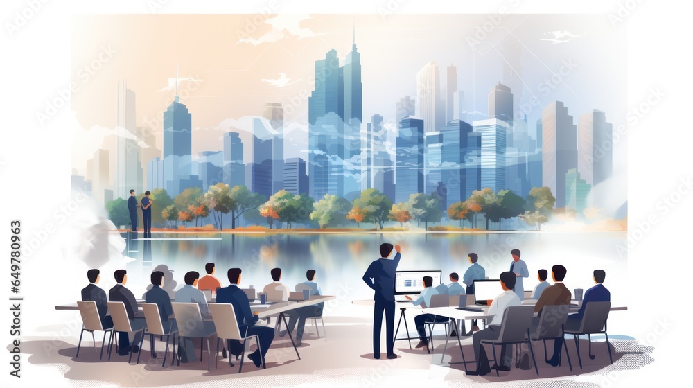 Obraz premium Group training and workshops 2D sketch drawing vector style.