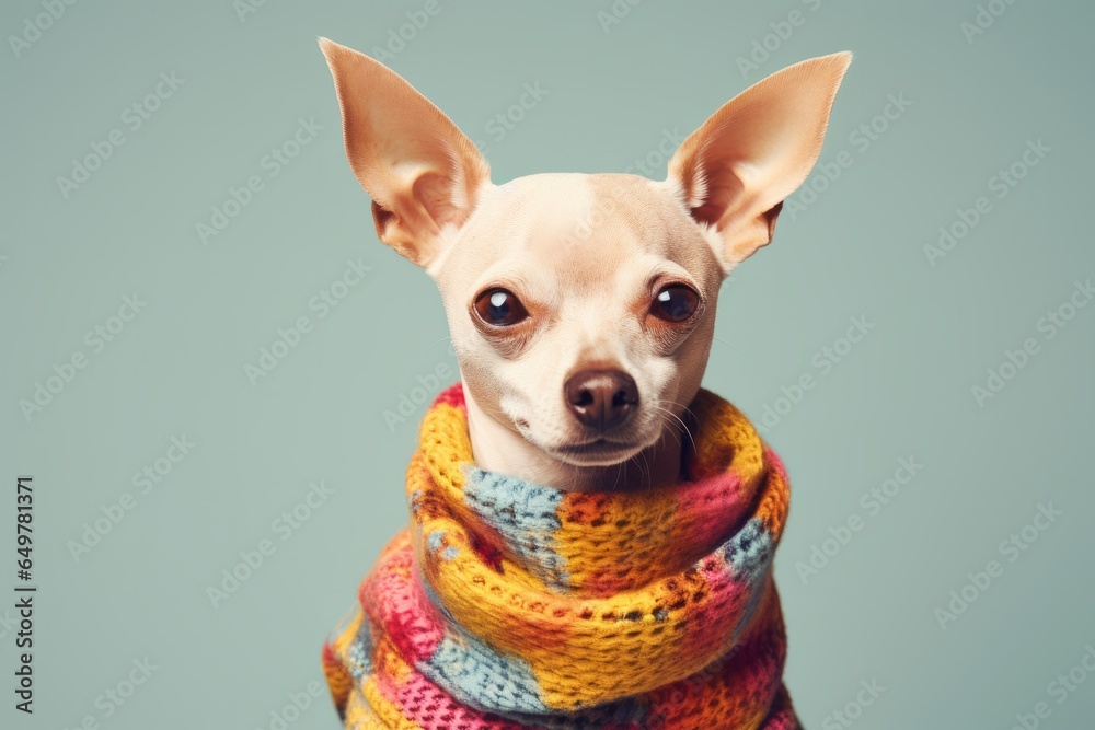 Studio portrait of dog wearing scarf around neck, light color simple background. AI generated