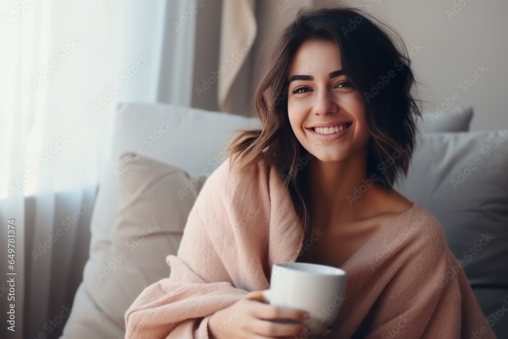 Portrait of young woman enjoying a cup of tea at home. AI generated Portrait of young woman enjoying a cup of tea at home. AI generated