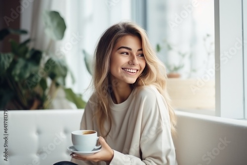 Portrait of young woman enjoying a cup of tea at home. AI generated