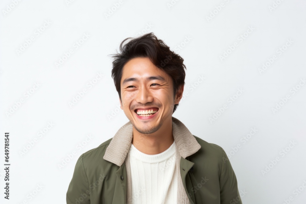 Cheerful young adult with black hair smiling and laughing for studio portrait on white background Cheerful young adult with black hair smiling and laughing for studio portrait on white background