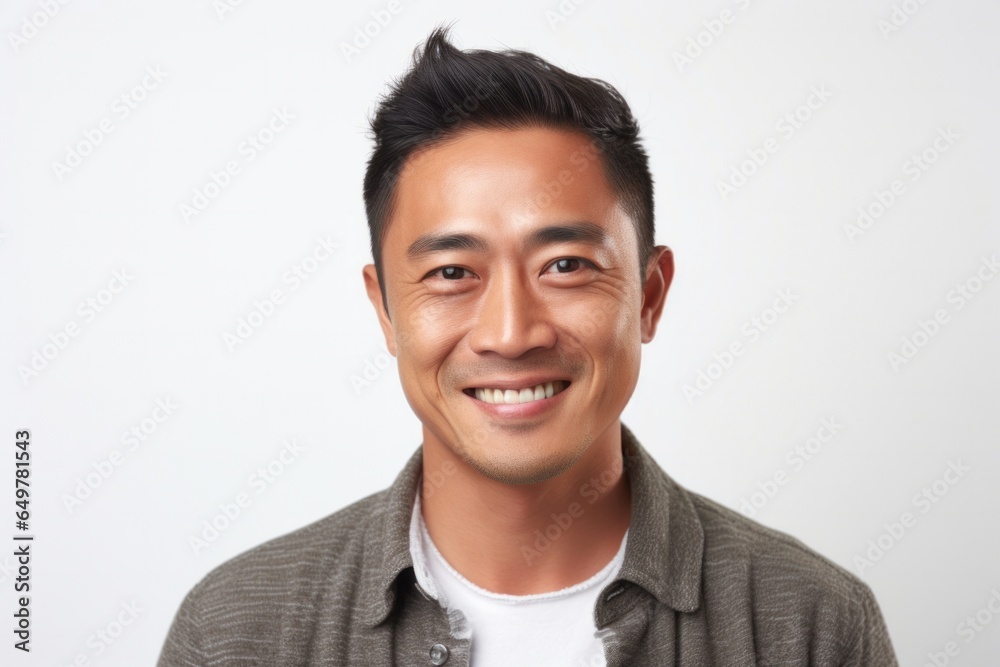 Cheerful adult smiling with happiness, close-up portrait on white background Cheerful adult smiling with happiness, close-up portrait on white background