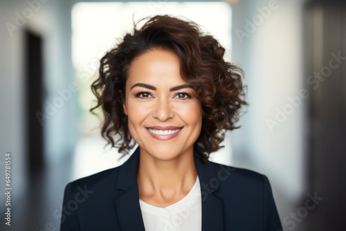 Successful businesswoman with curly hair smiling in professional office environment Free Download Successful businesswoman with curly hair smiling in professional office environment - GFXLoad