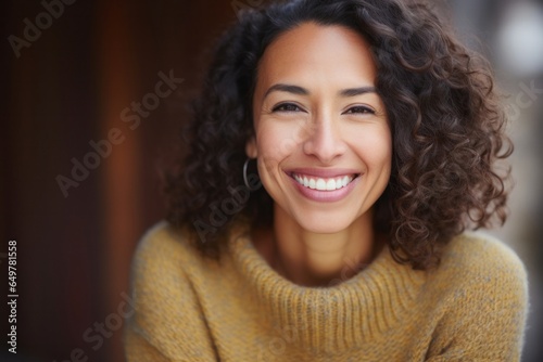 Delighted woman with curly hair and a captivating smile