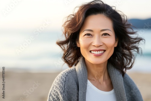 Joyful smiling woman on the beach with beautiful brown hair