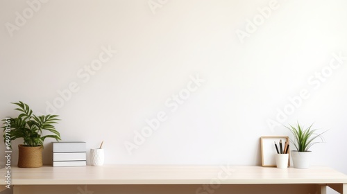 Workspace - office table, empty desk with supplies against the white wall, copy space for text or product showcase