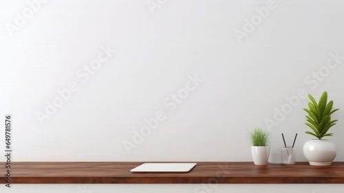 Workspace - office table, empty desk with supplies against the white wall, copy space for text or product showcase