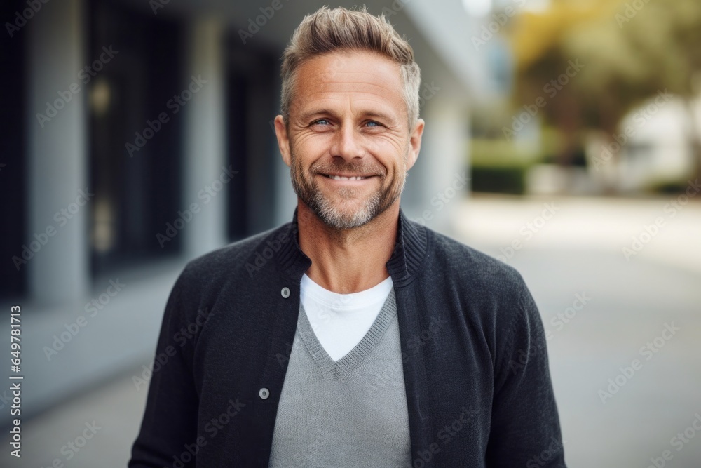 Joyful mature man with beard smiling and looking at camera in city Joyful mature man with beard smiling and looking at camera in city