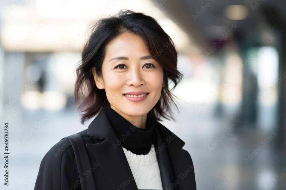 Joyful businesswoman with black hair smiling and making eye contact