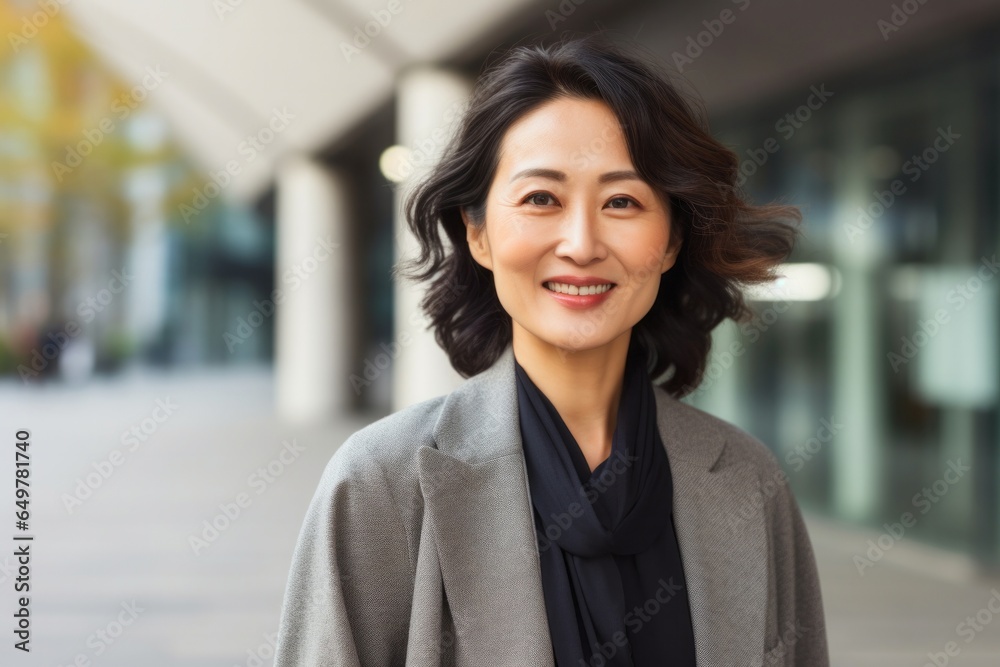 Cheerful businesswoman and smiling man in the city, front view portrait of happy adult group Cheerful businesswoman and smiling man in the city, front view portrait of happy adult group