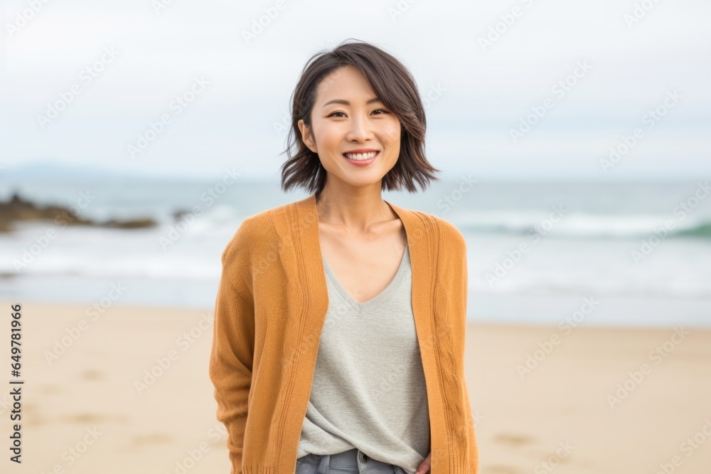 Cheerful young woman smiling at camera on beach vacation Cheerful young woman smiling at camera on beach vacation