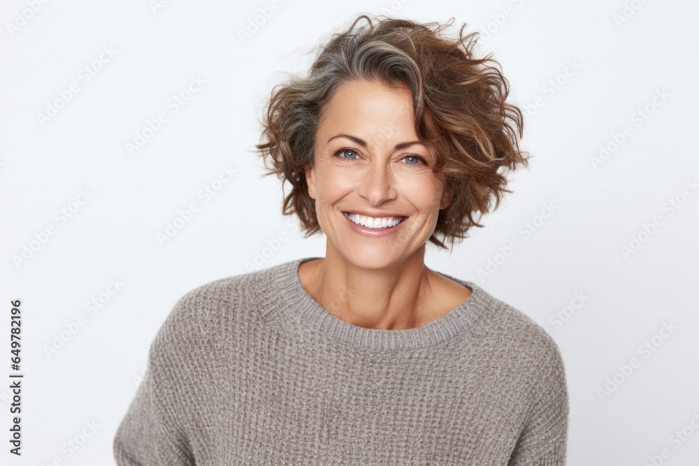 Cheerful woman with curly hair grinning and gazing at camera in casual clothing