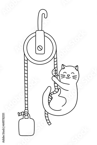 Cat and  movable block or wheel with chute hand drawn doodle vector illustration black outline. Back to school theme element, physics science mechanics.