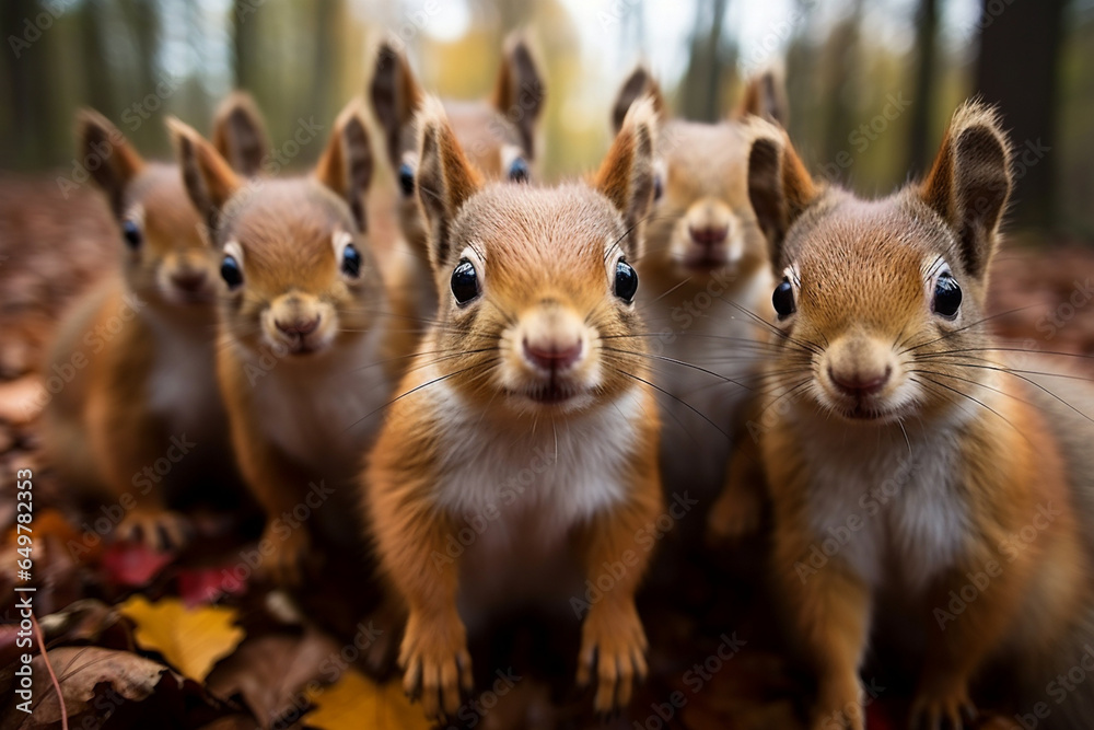 Close-up crowd of baby squirrels take selfie, portrait in forest park looking at camera with a curious, funny, surprised look, funny, humorous wild animals, wide angle. Positive concept Close-up crowd of baby squirrels take selfie, portrait in forest park looking at camera with a curious, funny, surprised look, funny, humorous wild animals, wide angle. Positive concept