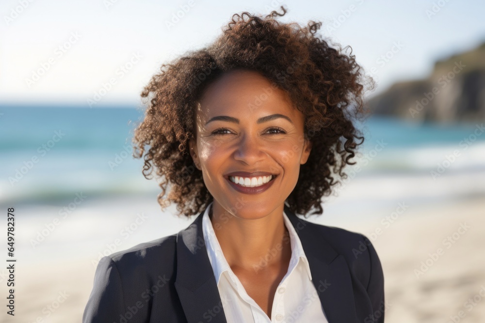 Cheerful woman smiling and laughing by the sea, curly hair blowing in the wind