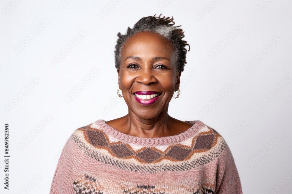 Cheerful woman with fashionable hairstyle and white background smiling