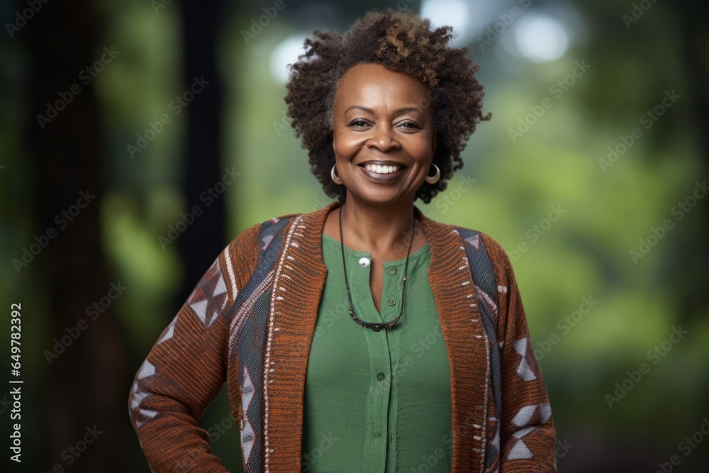 Joyful afro woman with curly hair smiling and looking at camera