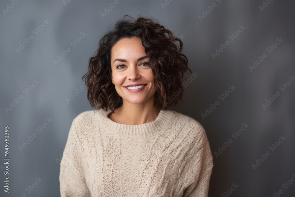 Cheerful woman with curly hair and a joyful smile wearing a grey sweater in a studio portrait.