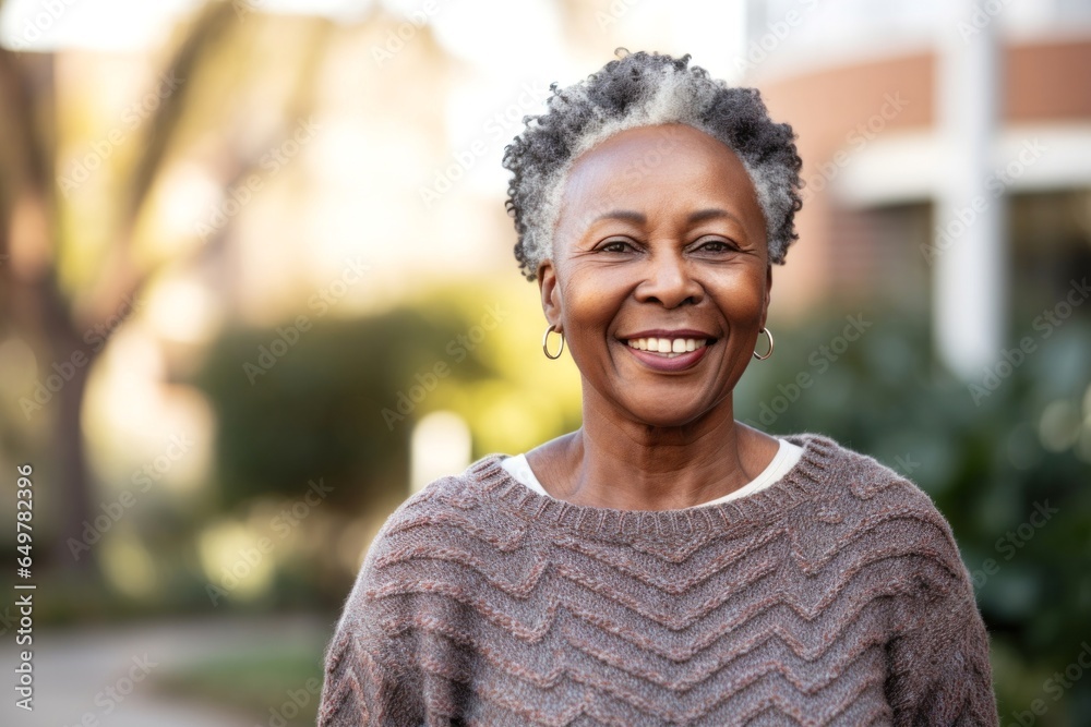 Happiness of a content senior: Cheerful retiree with gray hair smiling and showing teeth in headshot portrait