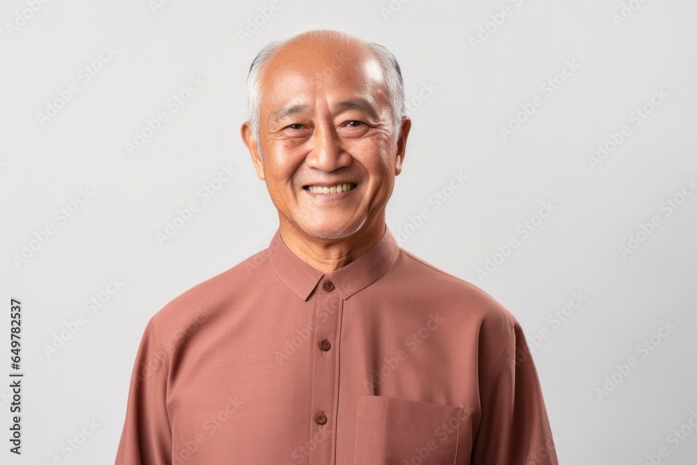 Happiness in gray: Joyful elderly man with a genuine smile in an indoor studio