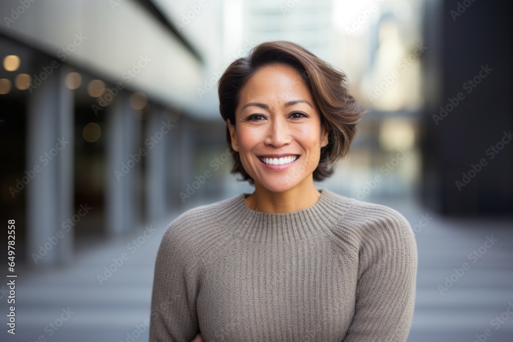 Cheerful woman with fashionable sweater smiling at camera in urban architecture