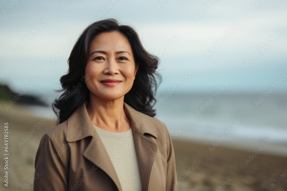 Happiness in nature: Smiling woman with beachside portrait in front view Happiness in nature: Smiling woman with beachside portrait in front view