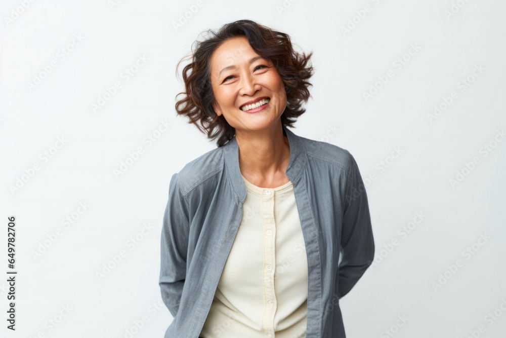 Cheerful mature woman with curly hair smiling and making eye contact on white background