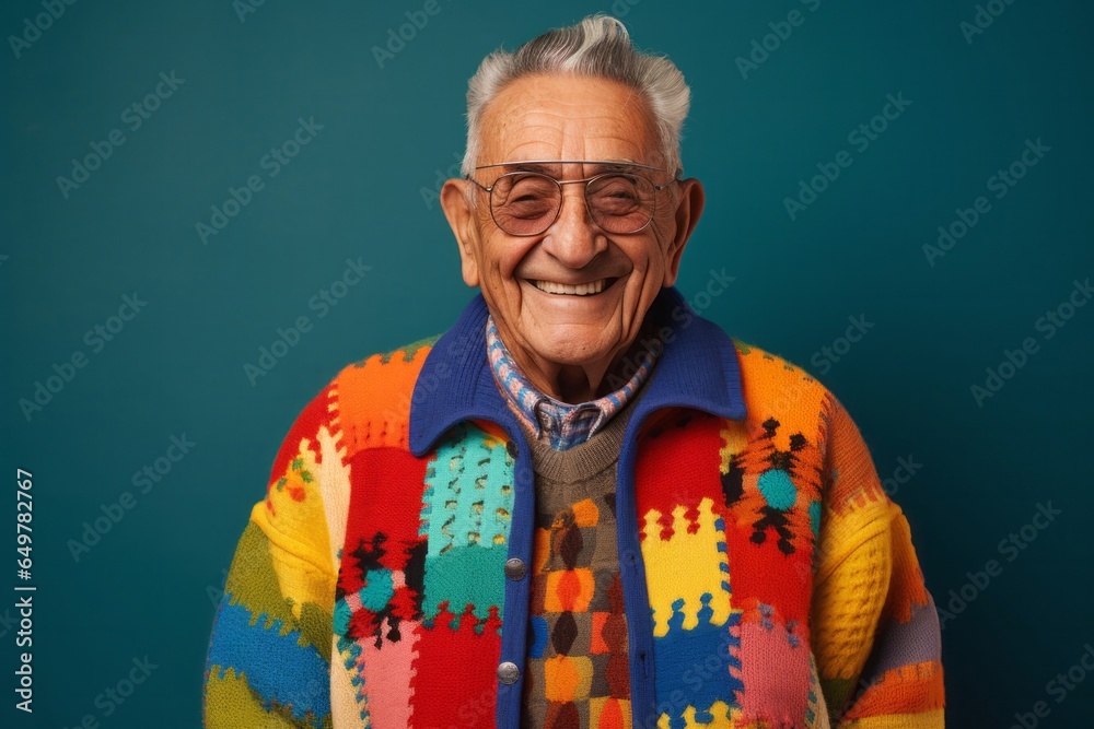 Smiling senior man in sweater - headshot portrait of mature individual with gray hair and facial hair on colored background