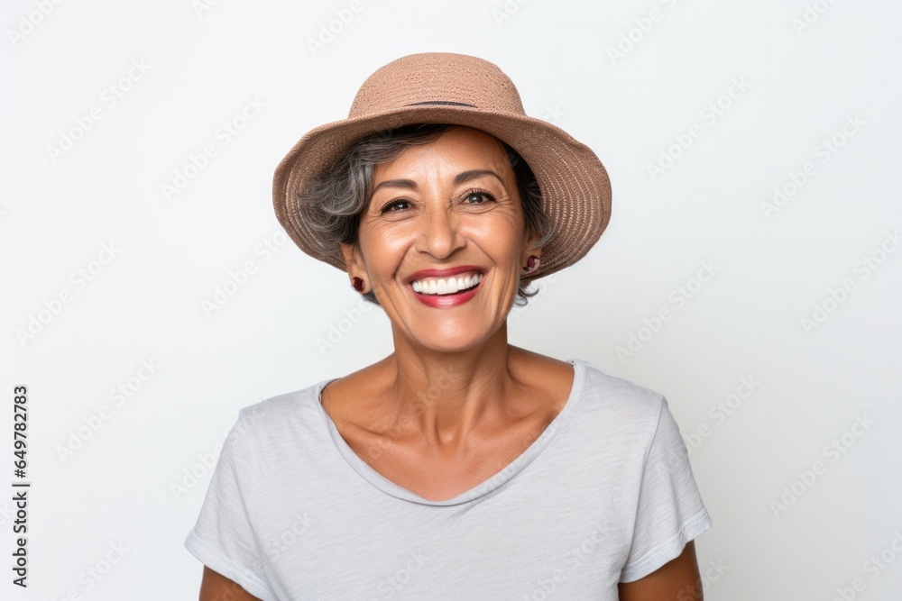 Cheerful senior woman with white cap smiling for a close-up portrait
