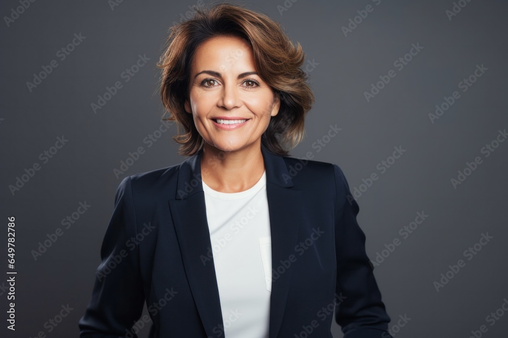 Joyful businesswoman with curly hair smiling at camera on gray background