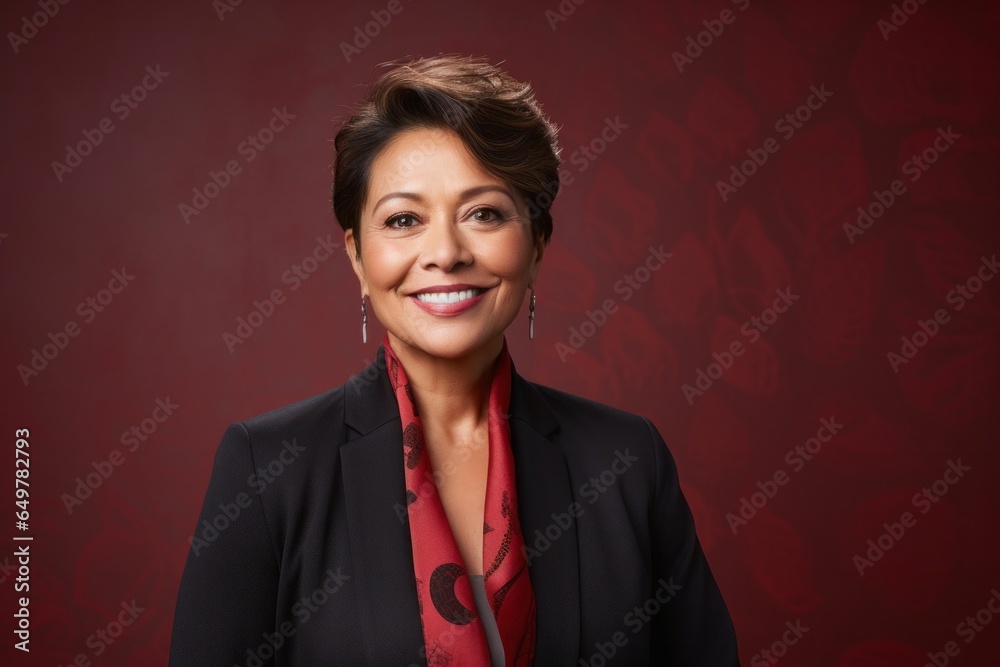 Cheerful mature businesswoman with red hair smiling in studio headshot