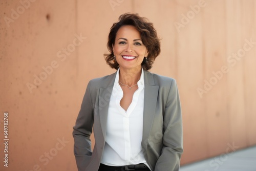 Confident businesswoman smiling, successful corporate executive with curly hair, front view portrait
