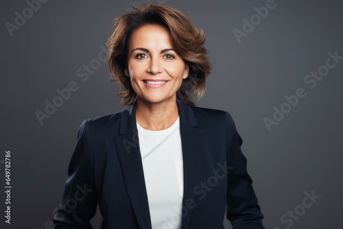 Obraz na płótnie Joyful businesswoman with curly hair smiling at camera on gray background w salonie