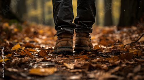 Close-up of hiker s boots crunching through a carpet of fallen leaves on forest trail in autumn