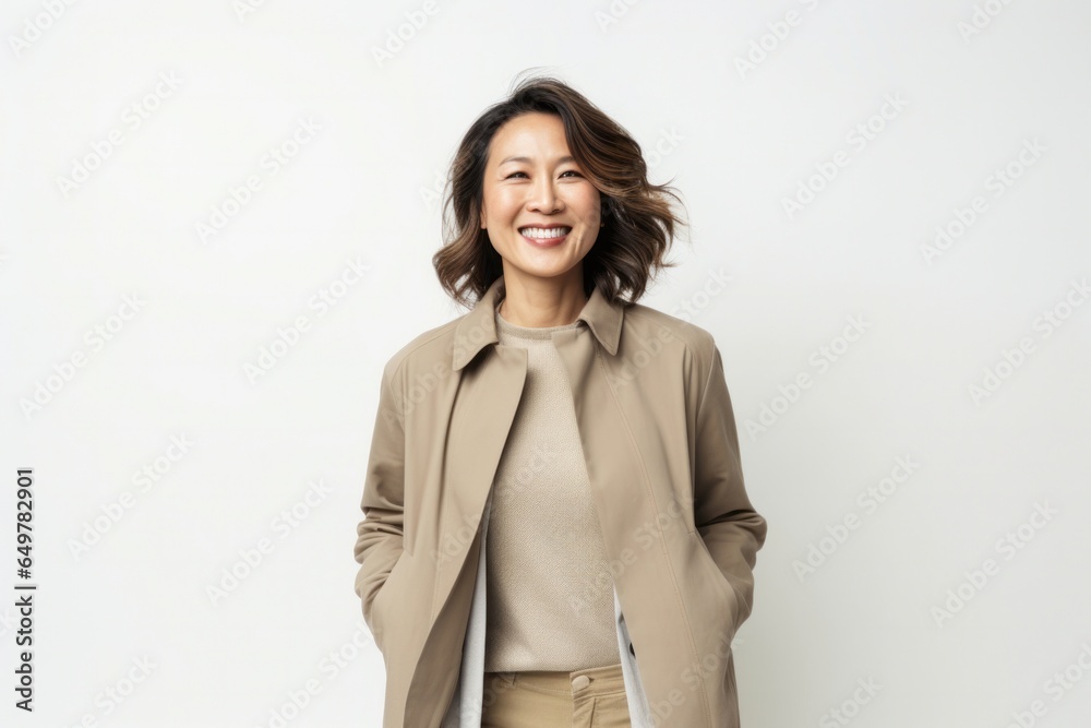 Happy woman with brown hair smiling at camera in studio