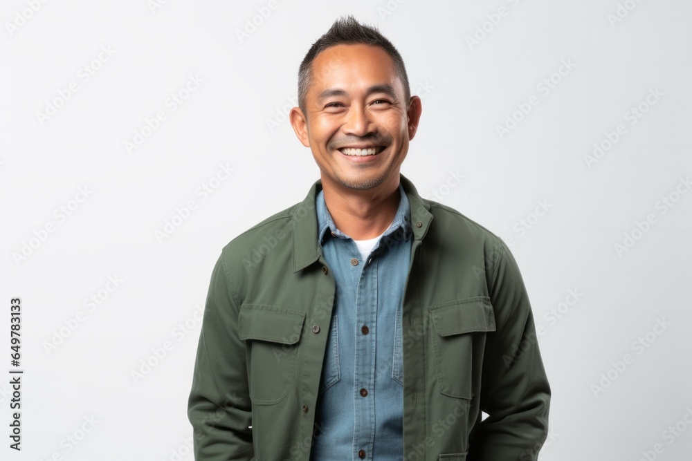 Cheerful smiling man in casual clothing standing in studio with white background