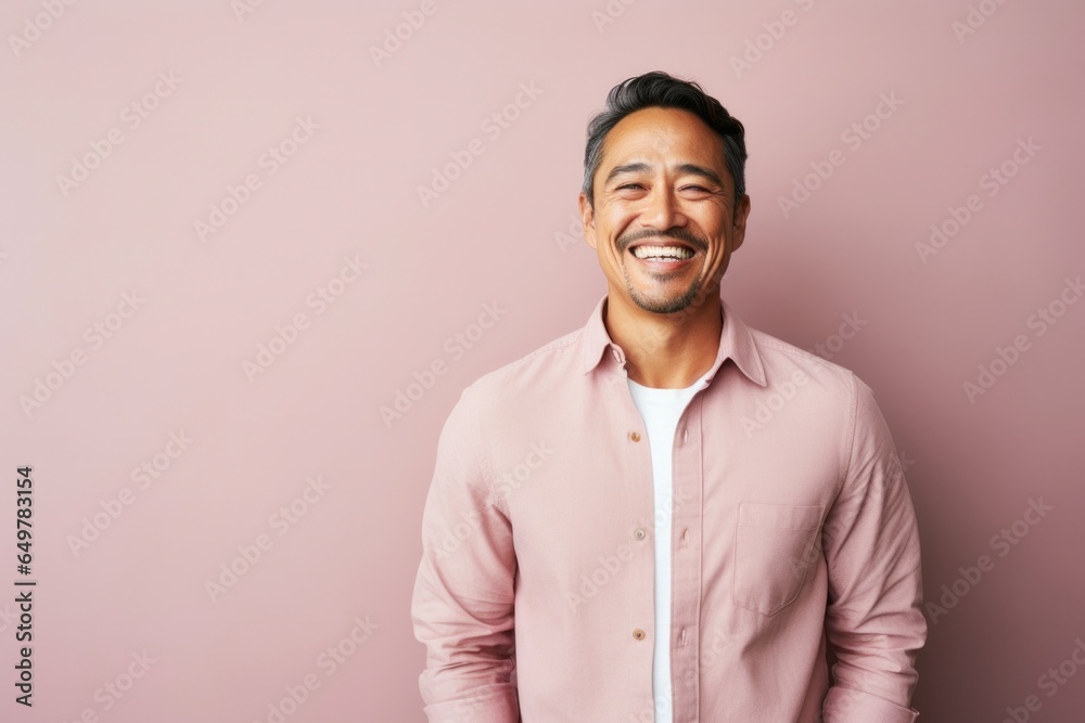 Cheerful mature man with beard and casual clothing smiling at camera against colored background