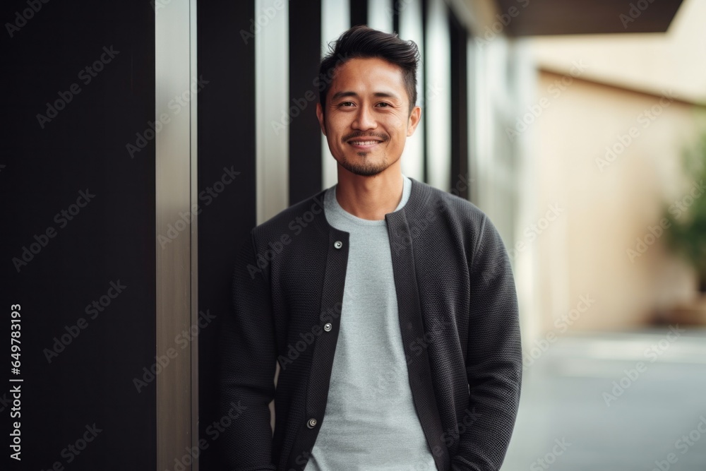 Cheerful smiling adult in black attire standing, looking at camera in front view Cheerful smiling adult in black attire standing, looking at camera in front view