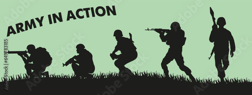 Army in action. A warrior at war. Vector graphics of silhouettes of warriors.