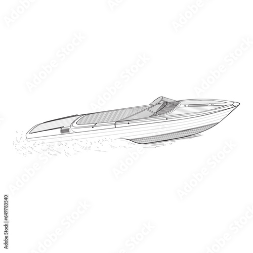 An ancient high-speed wooden boat moves quickly through the water. Moving boat icon. Sketch.