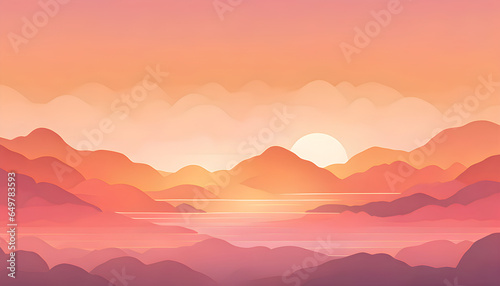 Abstract template gradient image of sunrise in pink and orange pastel shades. image of the sun in the mountains. Illustration