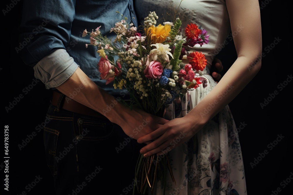 Upclose of a couple holding a beautiful wedding bouquet, hands closeup, Canva