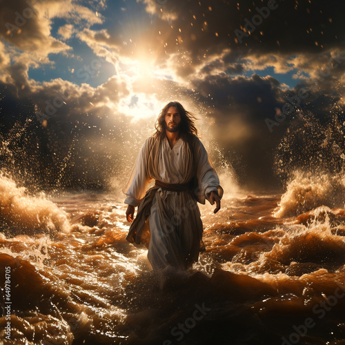 A man like Jesus walking on ocean with bright shining light. Religious concept.