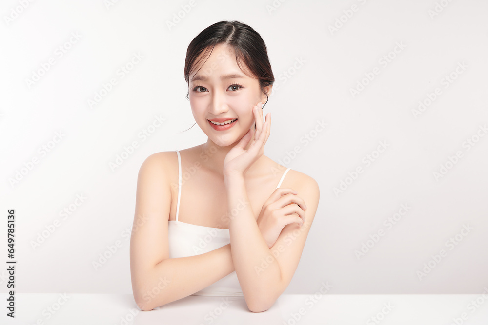 Beautiful young asian woman with clean fresh skin on white background, Face care, Facial treatment, Cosmetology, beauty and spa, Asian women portrait.