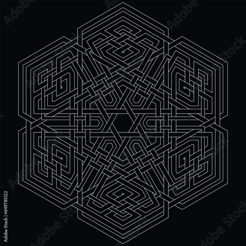 Hexagram star vector pattern ornament with circular circle and floral geometric background inside single huge circular heptagon lining vector background coloring book
