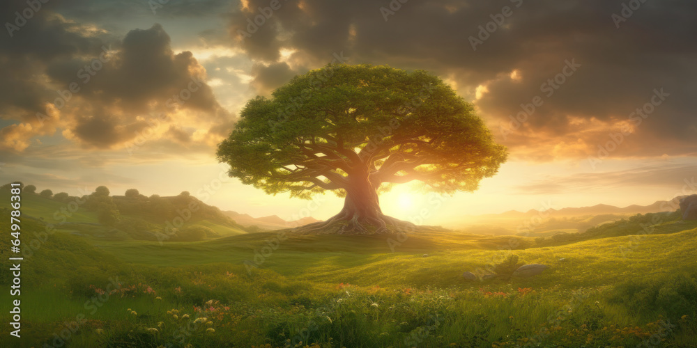 Majestic stand-alone tree atop a hill amidst green field lit by the setting sun, panoramic landscape. Generative AI illustration - obrazy, fototapety, plakaty 