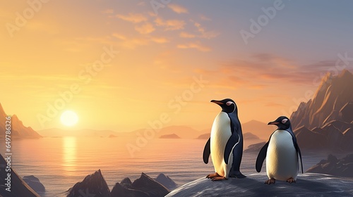 A background image of two penguins at sunset, Linux theme, Canva, copy space