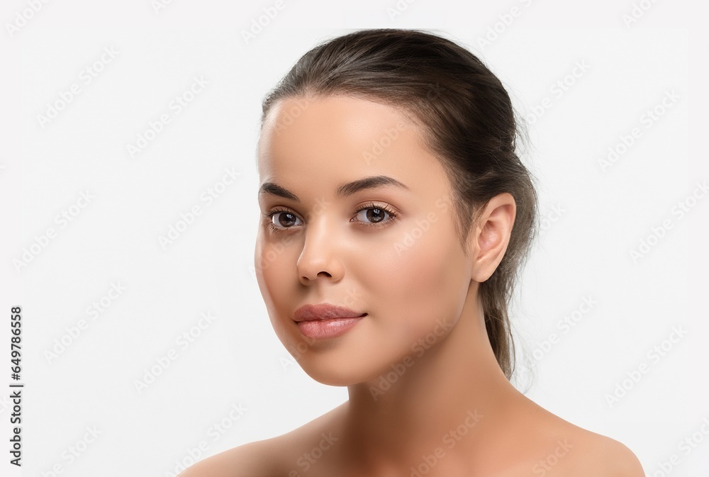A stunning female model is showcasing her flawless skin during a photoshoot at the white-themed Fascinating Face Focus skincare studio A stunning female model is showcasing her flawless skin during a photoshoot at the white-themed Fascinating Face Focus skincare studio